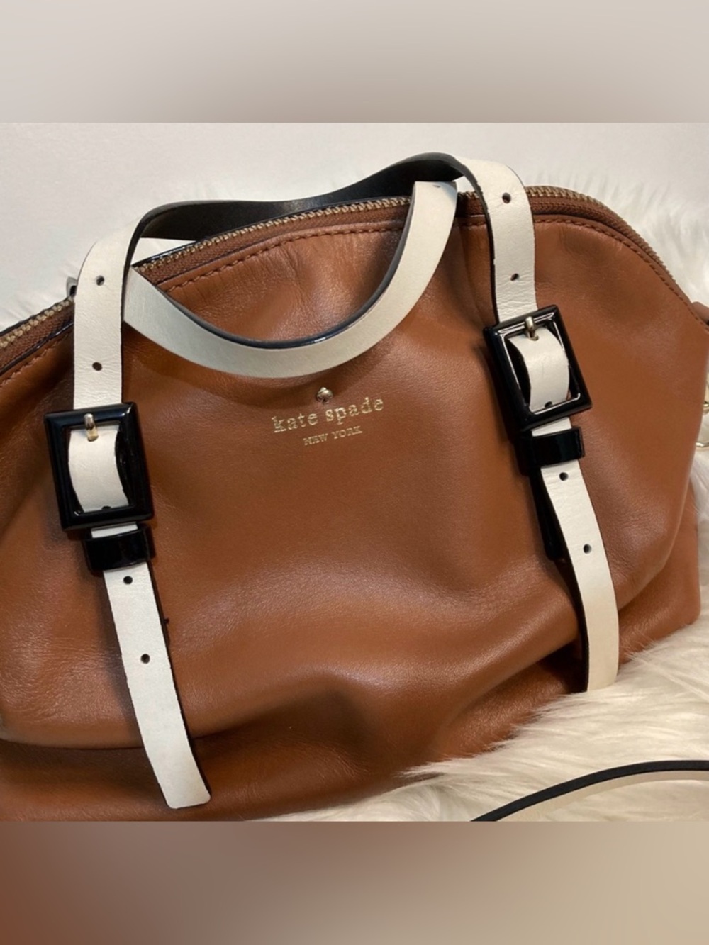 Kate Spade Brown Leather Bag with White Strap Accents - Picture 3 of 7